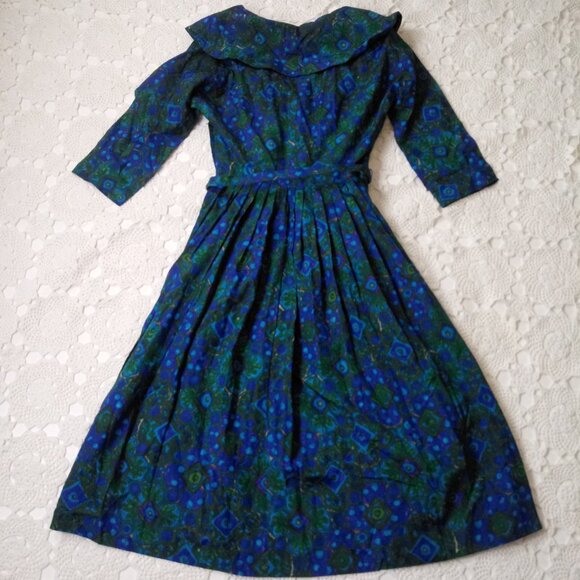 Vtg 50s 60s Midi Dress Fit Flare Blue Green Floral Shawl Collar Belted XS Women - Picture 6 of 7